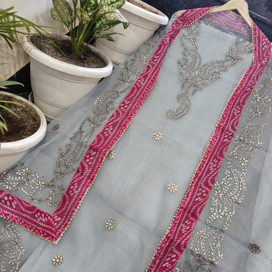 Traditional Grey Kota Doria Gota Patti Dress Material for Women