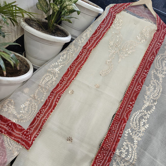 Designer Cream Kota Doria Suit with Gota Patti Work and Bandhej Dupatta