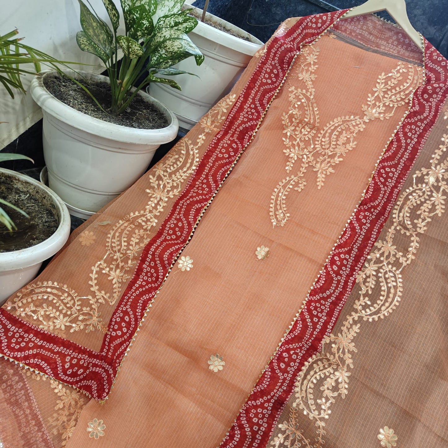 Women's Rust Orange Kota Doria Gota Patti Unstitched Suit Set