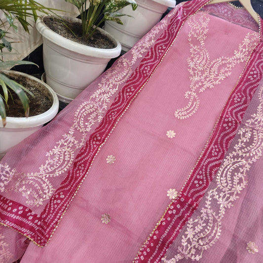 Royal Rose Pink Kota Doria Fine Gota Patti Ethnic Suit Collection