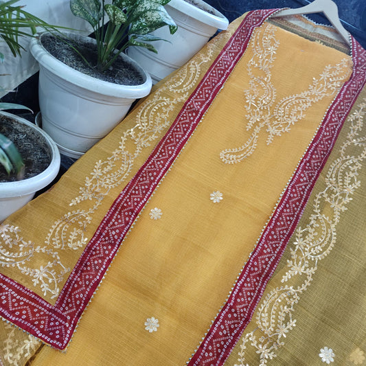 Traditional Mustard Yellow Kota Doria Gota Patti Dress Material for Women