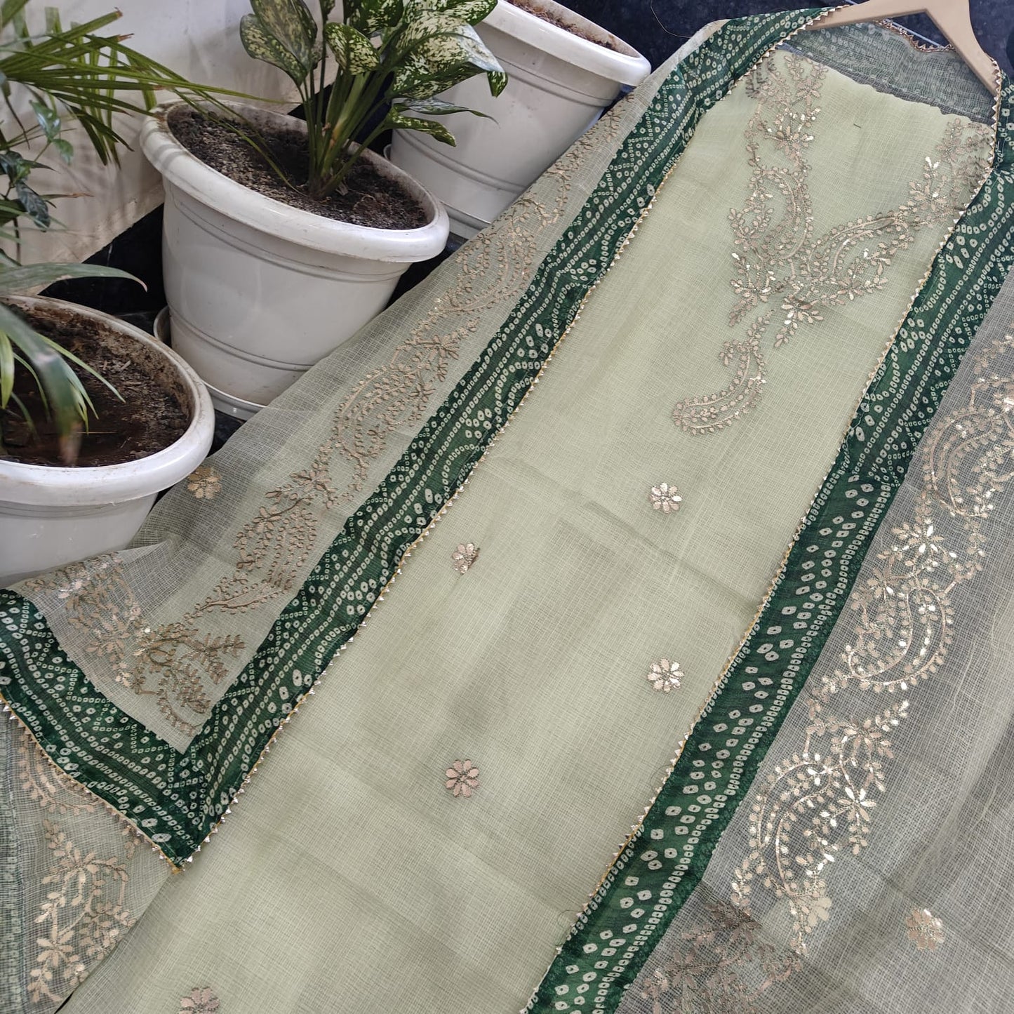 Designer Mint Green Kota Doria Suit with Gota Patti Work and Bandhej Dupatta