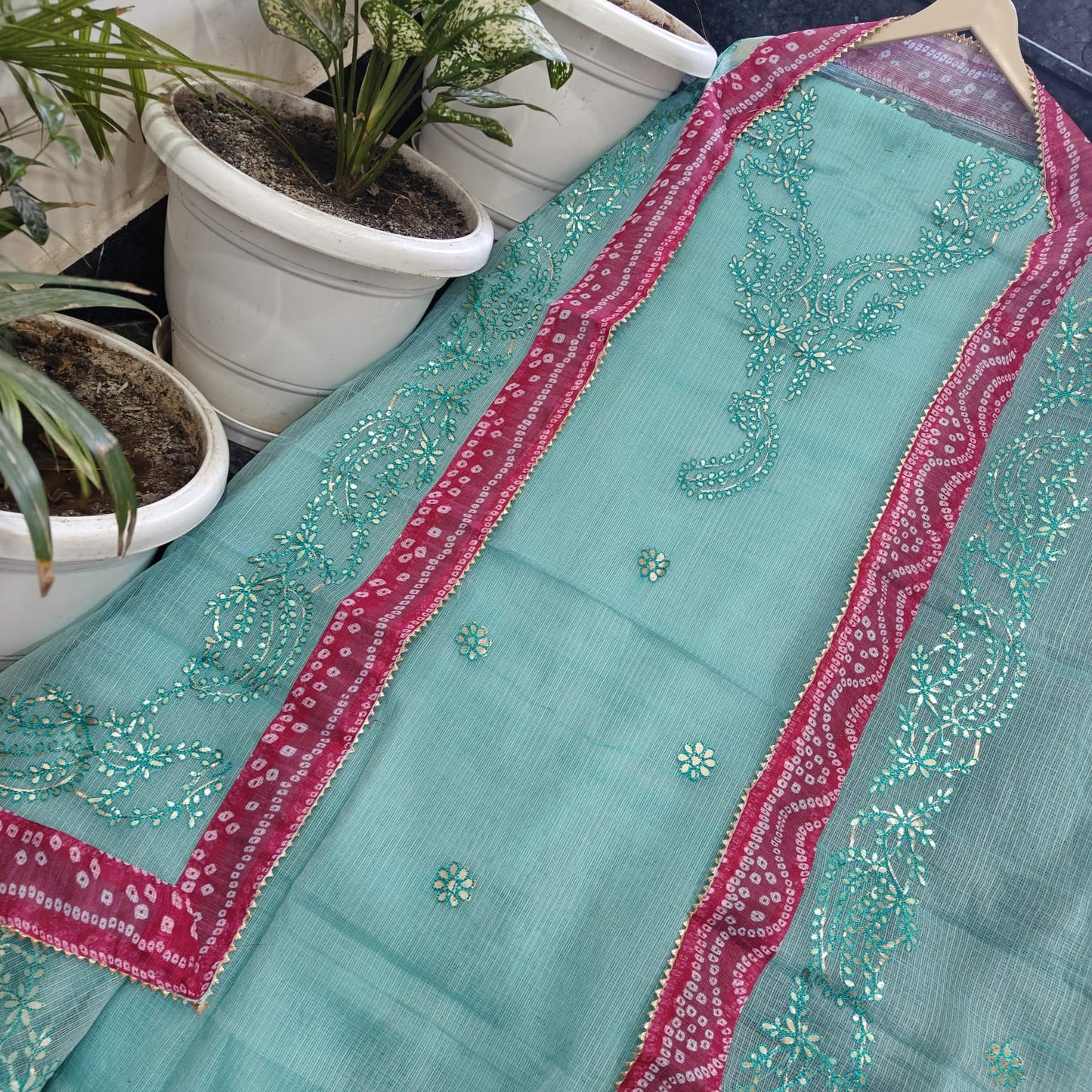 Premium Aqua Blue Kota Doria Fine Gota Patti Suit with Dupatta