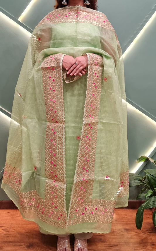 Elegant Mint Green Kota Doria Suit Set with Gota Patti Work