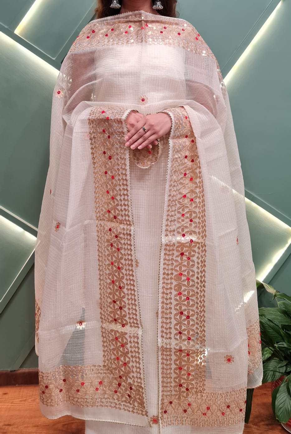 Designer Cream Kota Doria Tissue Suit with Dupatta