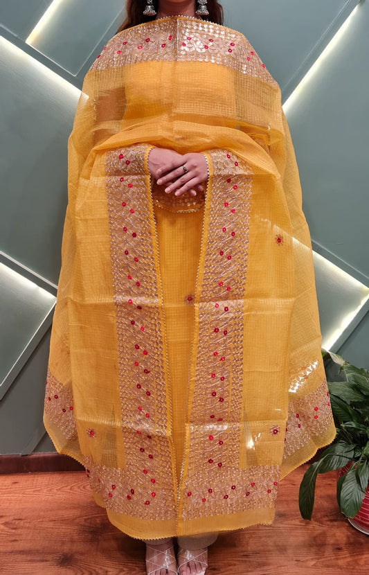 Traditional Mustard Yellow Kota Doria Tissue Dress Material Online