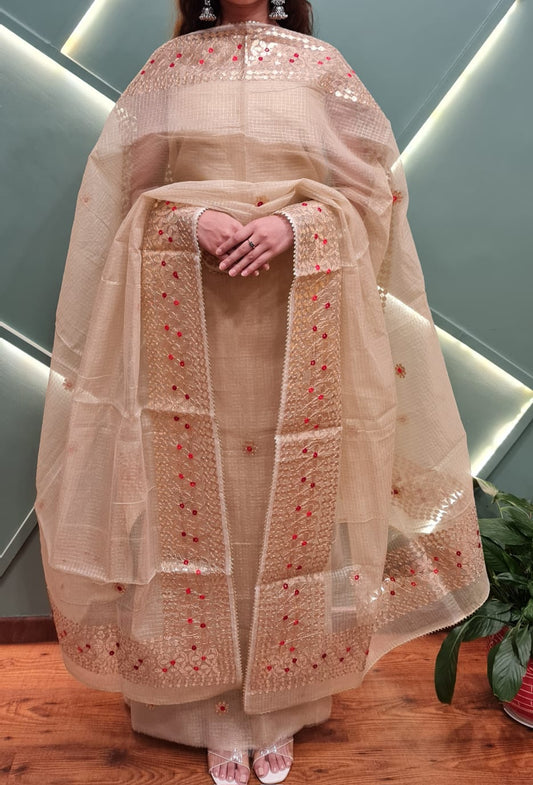 Designer Beige Kota Doria Tissue Suit with Dupatta