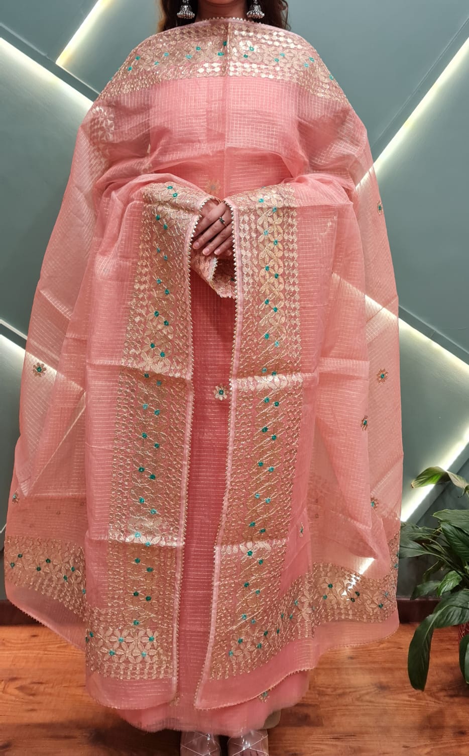 Elegant Dusty Pink Kota Doria Suit Set with Gota Patti Work