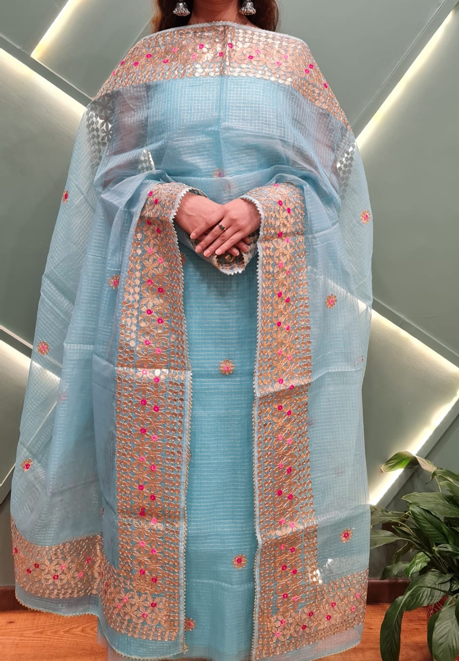 Designer Sky Blue Kota Doria Tissue Suit with Dupatta