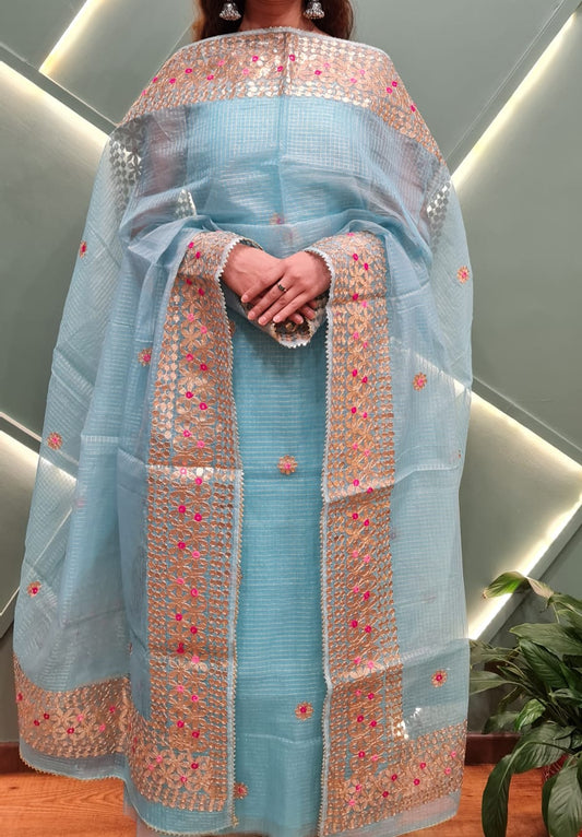 Designer Sky Blue Kota Doria Tissue Suit with Dupatta