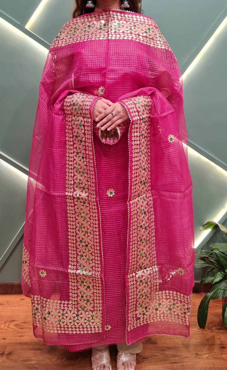 Women's Dark Pink Kota Doria Gota Patti Unstitched Suit Set