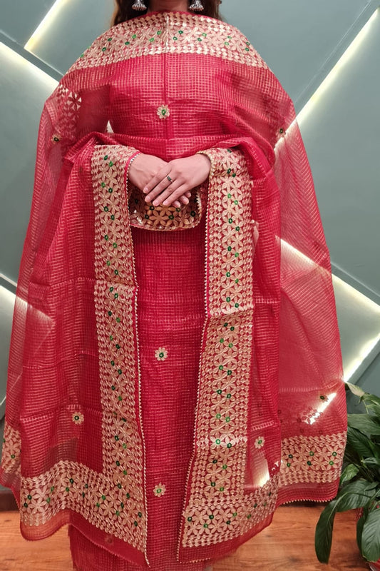 Festive Wear Red Kota Doria Gota Patti Salwar Suit Set