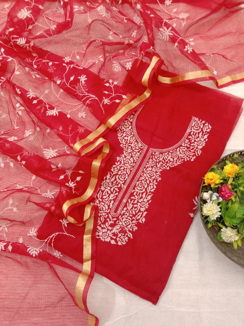 Elegant Red Kota Doria Embroidered Suit Set with Dupatta