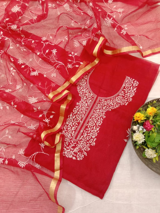 Elegant Red Kota Doria Embroidered Suit Set with Dupatta