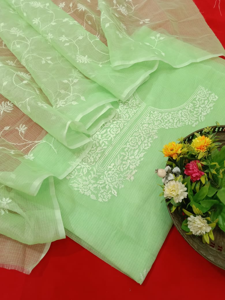 Designer Mint Green Kota Doria Suit with Cross Embroidery Work