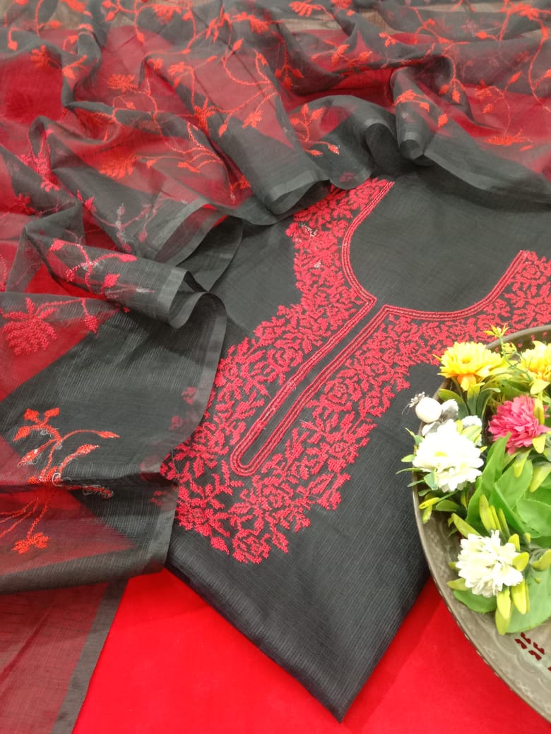 Designer Black Kota Doria Suit with Cross Embroidery Work