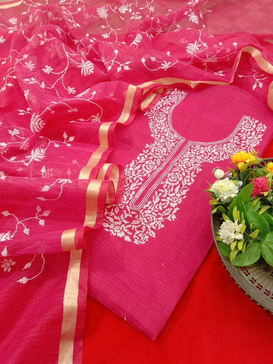 Traditional Pink Kota Doria Embroidery Dress Material Online