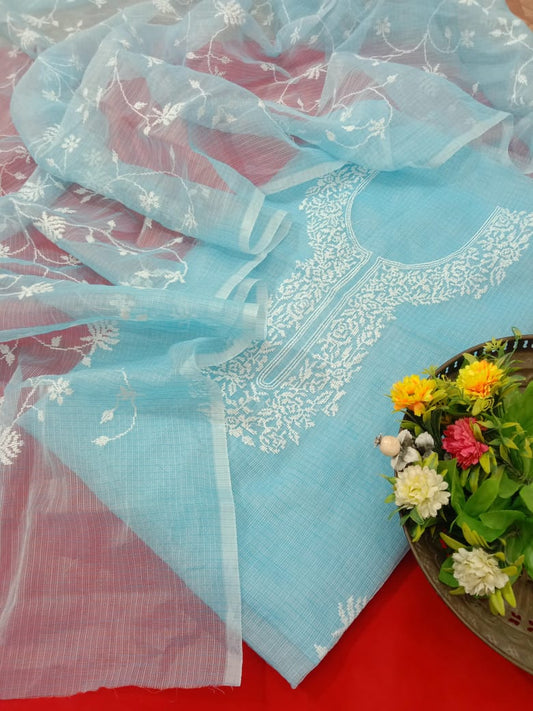 Premium Sky Blue Kota Doria Cross Embroidery Suit for Women