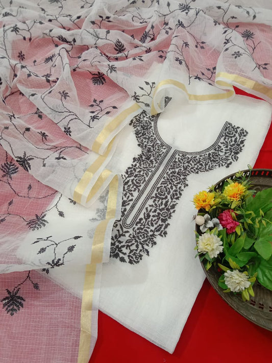 Festive Wear White Kota Doria Cross Embroidery Salwar Suit Set