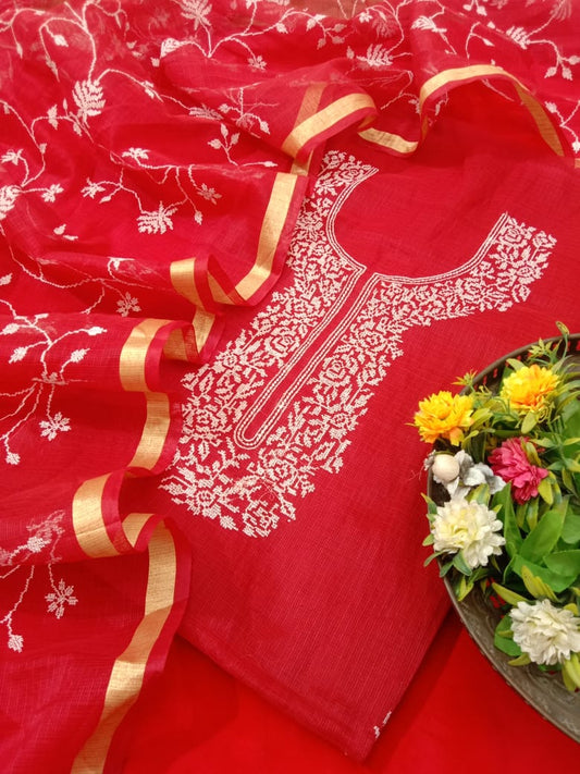 Traditional Red Kota Doria Embroidery Dress Material