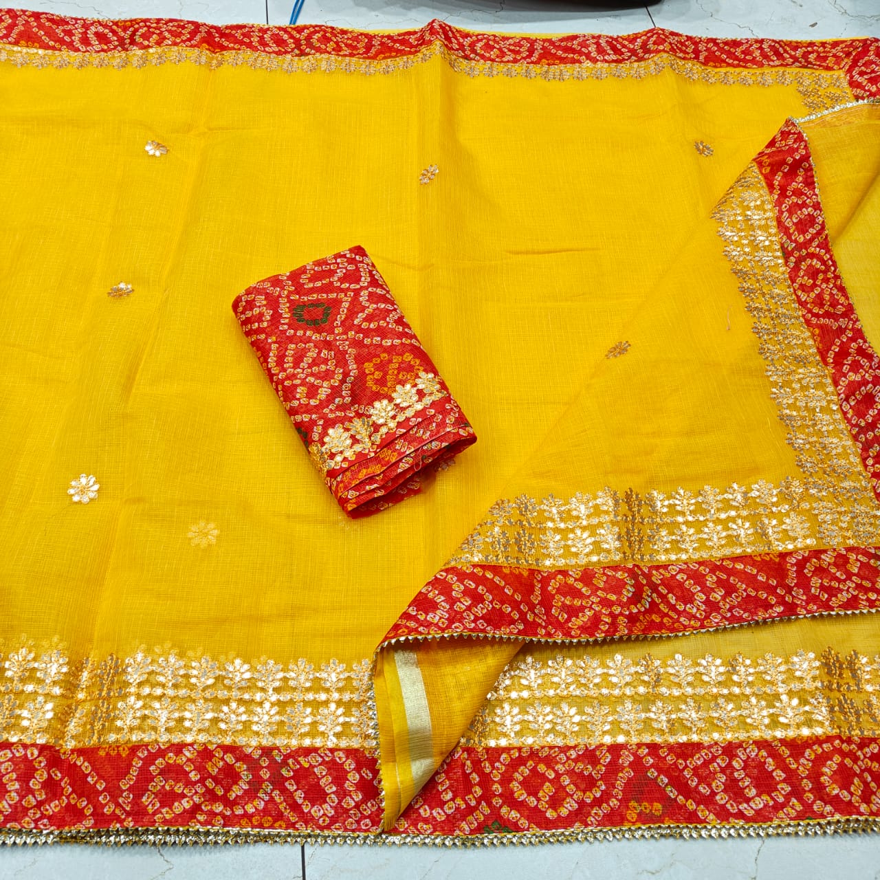 Premium Bright Yellow Kota Doria Saree with Gota Patti Work