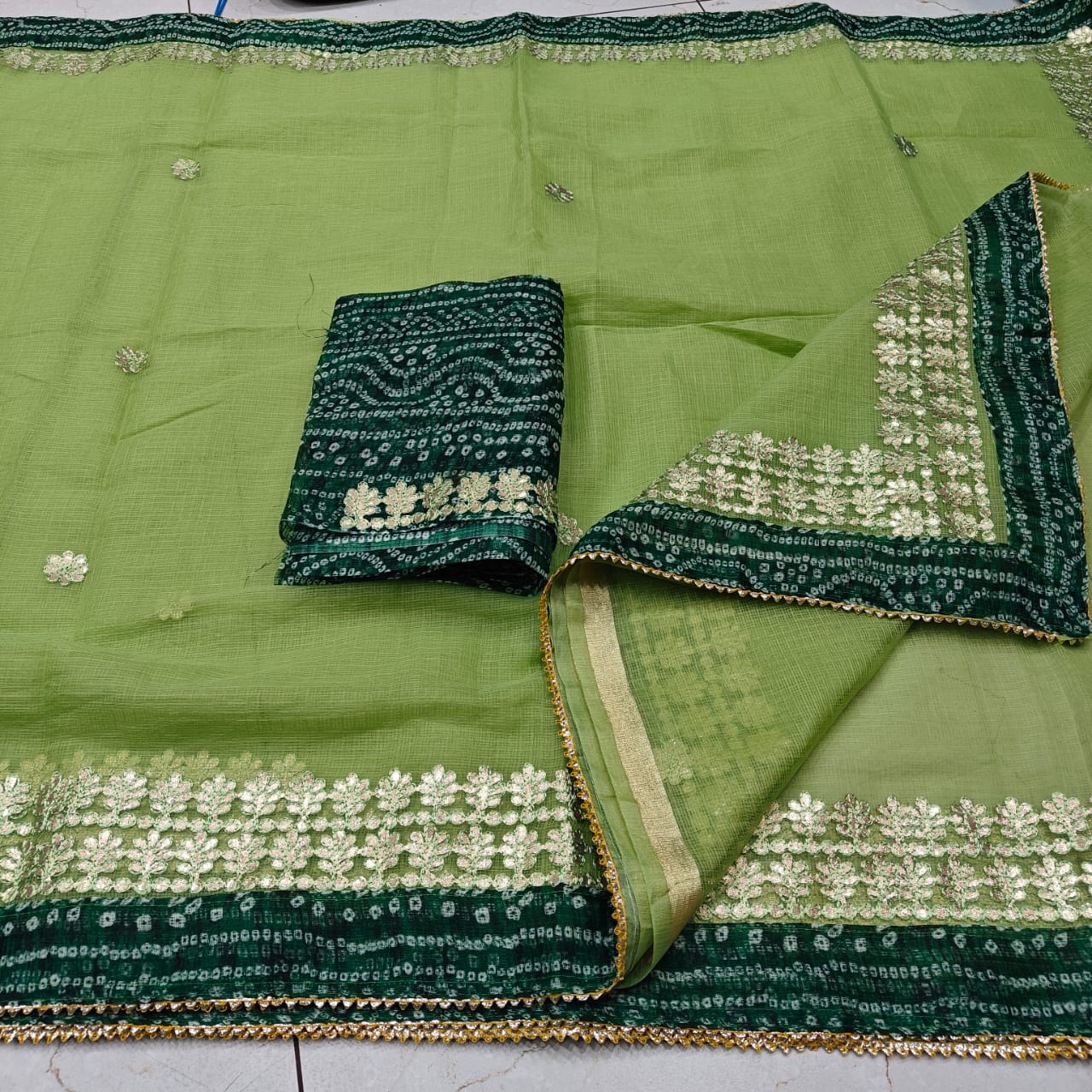 Premium Light Green Kota Doria Saree with Gota Patti Work