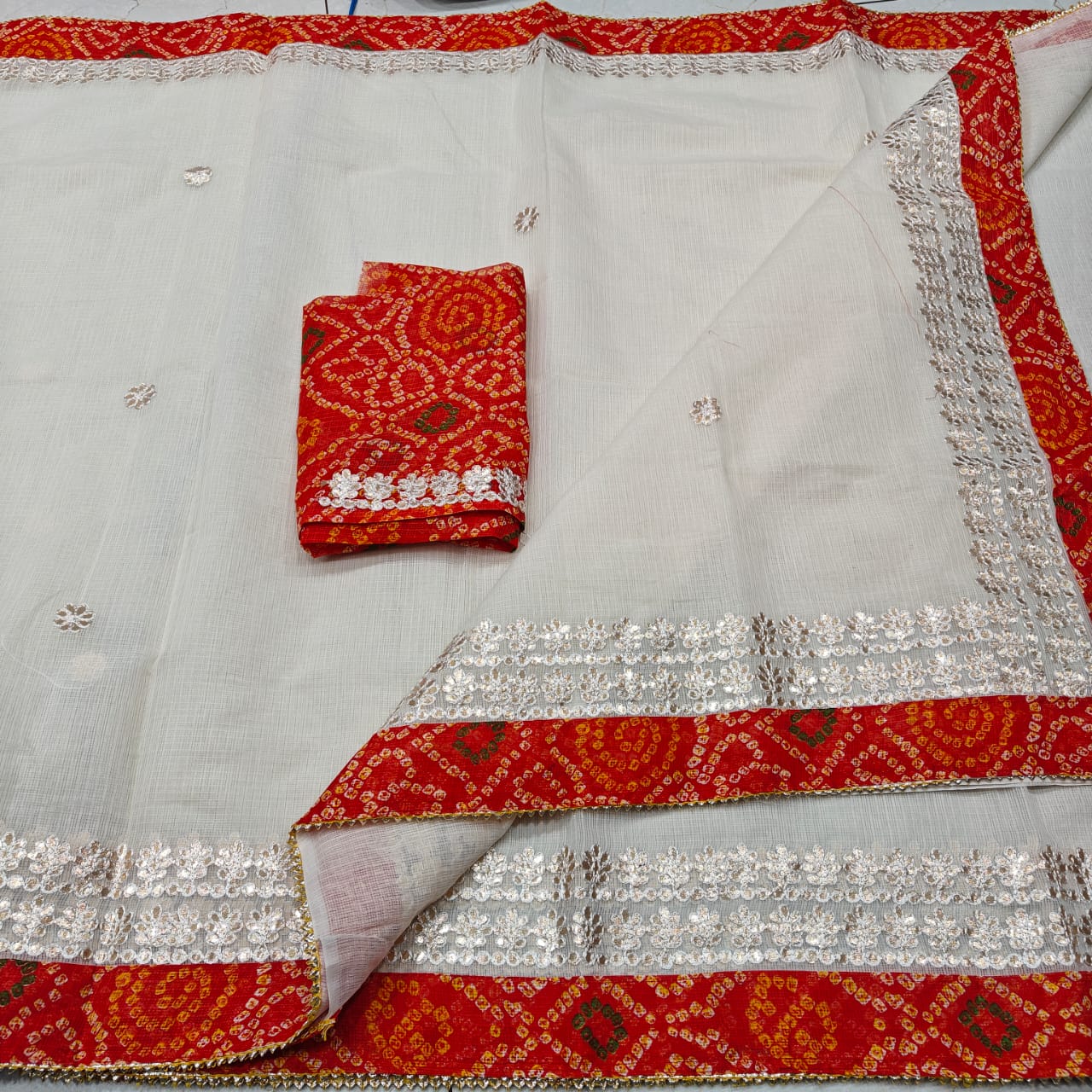 Festive Wear Off White Kota Doria Saree with Blouse