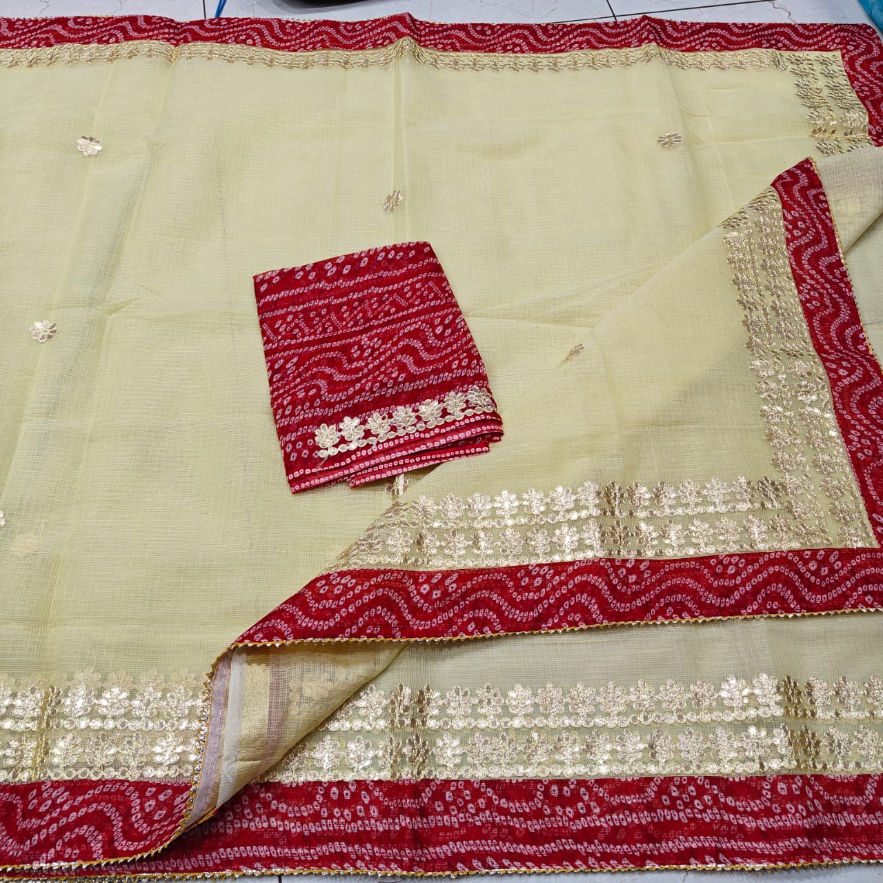 Traditional Cream Kota Doria Saree with Contrast Blouse