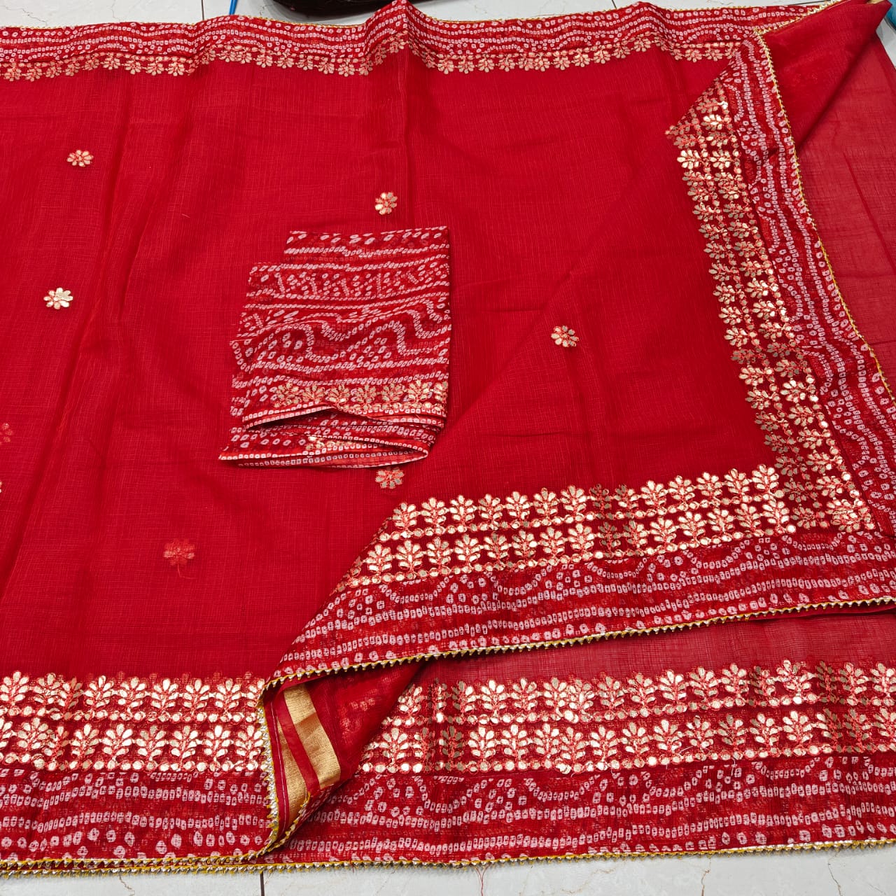 Traditional Red Kota Doria Saree with Contrast Blouse