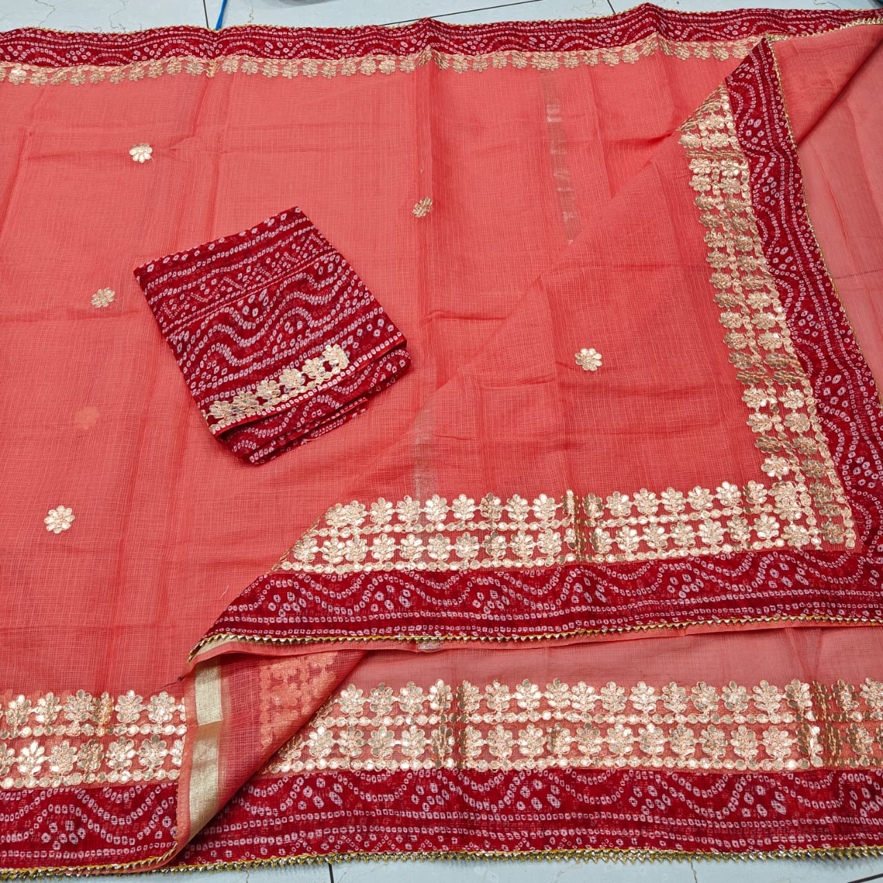 Women's Peach Kota Doria Gota Patti Designer Saree