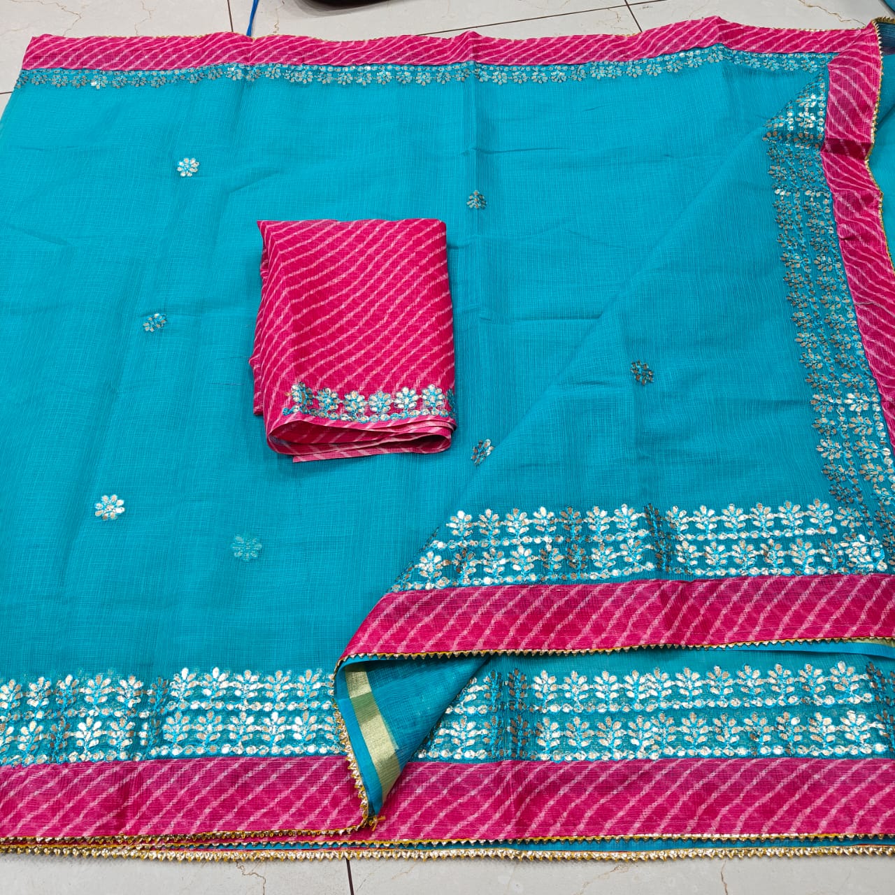 Royal Bright Blue Kota Doria Gota Patti Saree for Wedding Wear