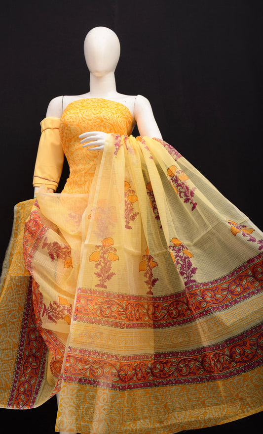 Premium Light Yellow Kota Doria Printed Unstitched Suit for Women