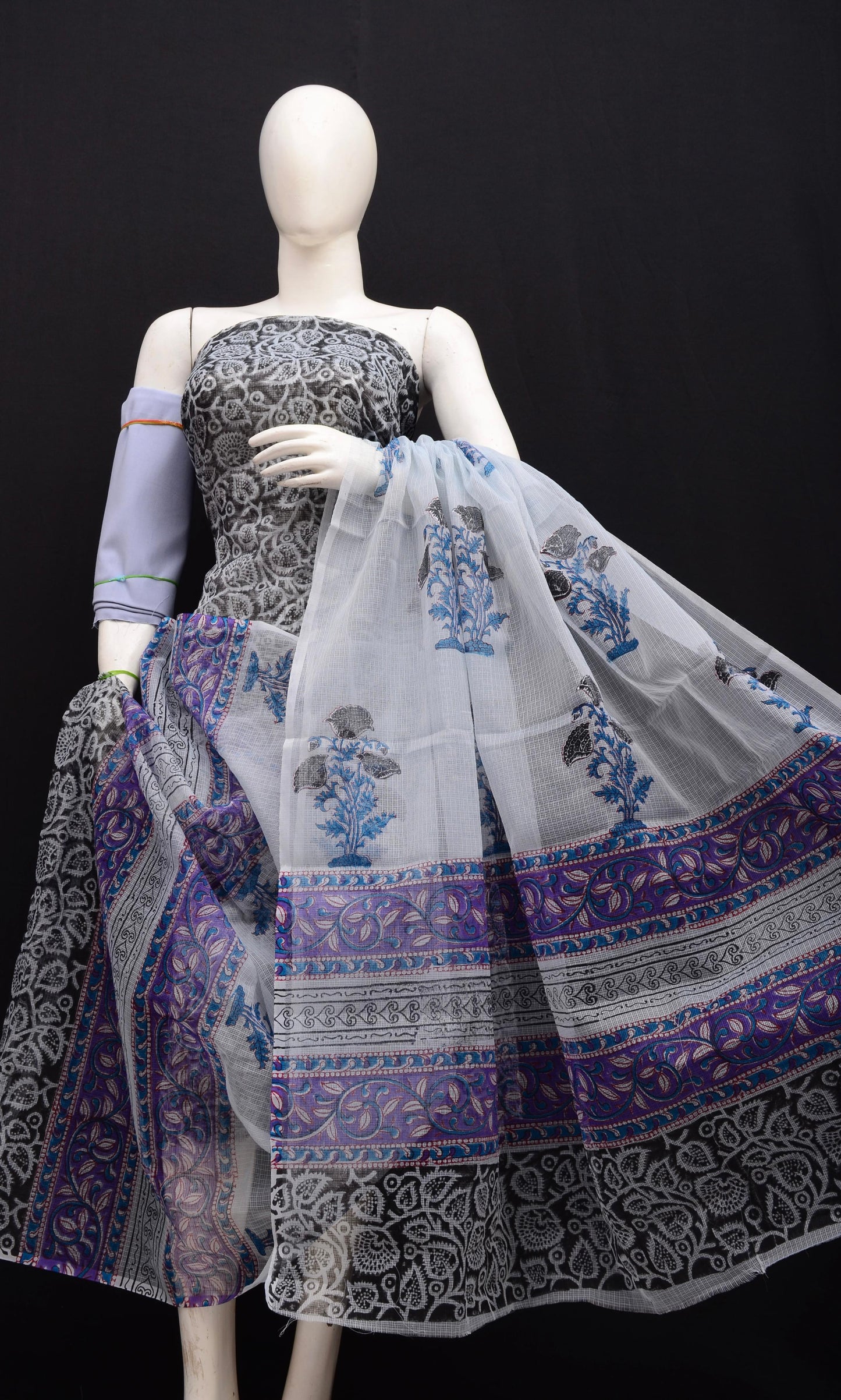 Elegant Light Grey Kota Doria Hand Block Print Dress Material