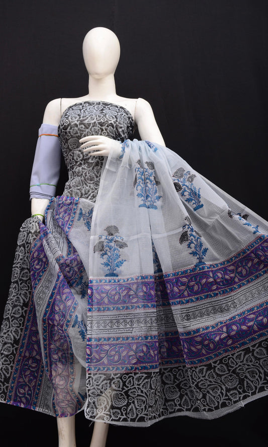 Elegant Light Grey Kota Doria Hand Block Print Dress Material