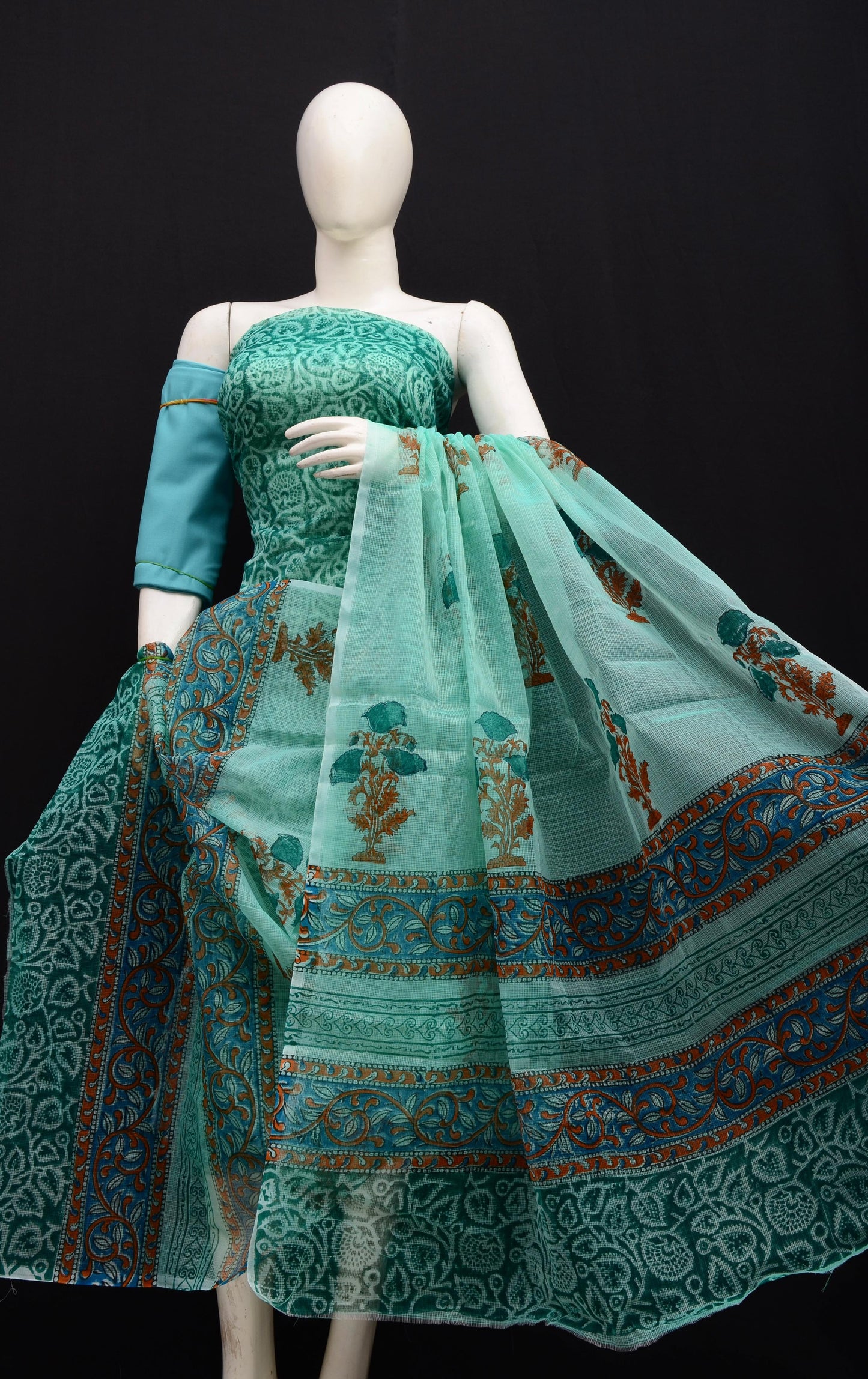 Festive Wear Mint Green Kota Doria Suit Set with Dupatta