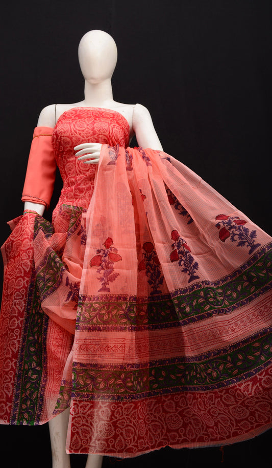 Women's Coral Pink Kota Doria Hand Block Print Unstitched Suit