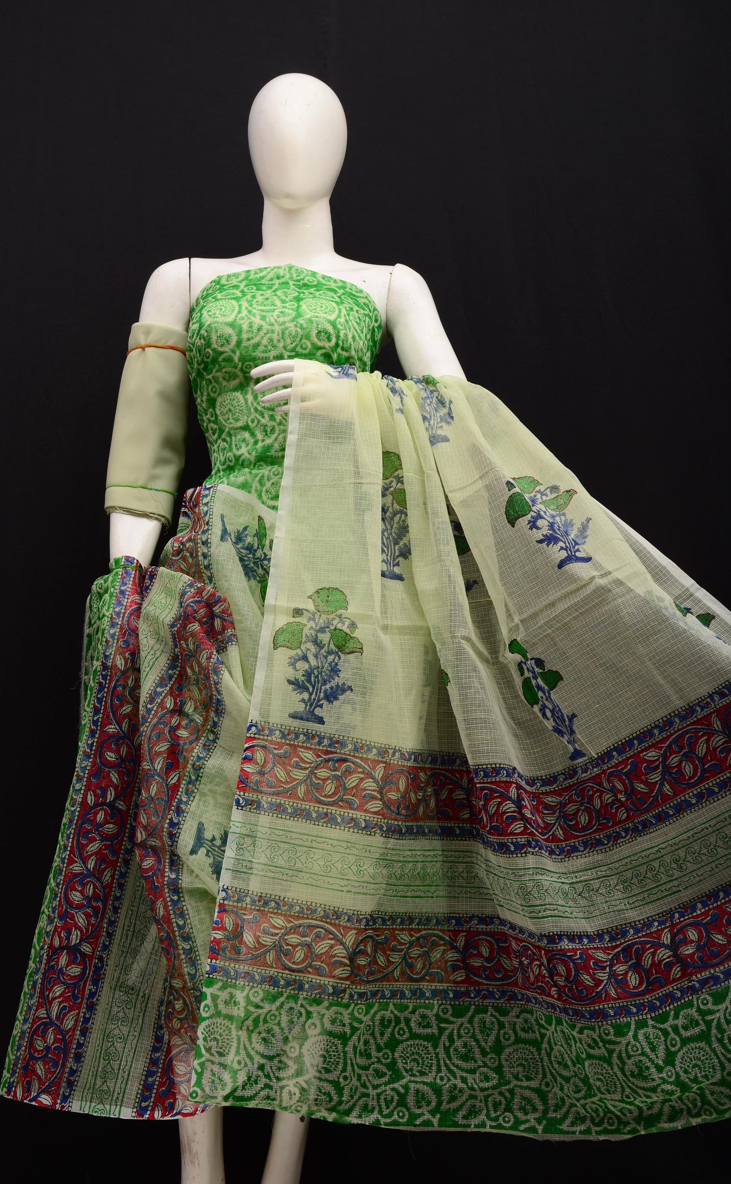 Premium Vibrant Green Kota Doria Printed Unstitched Suit for Women
