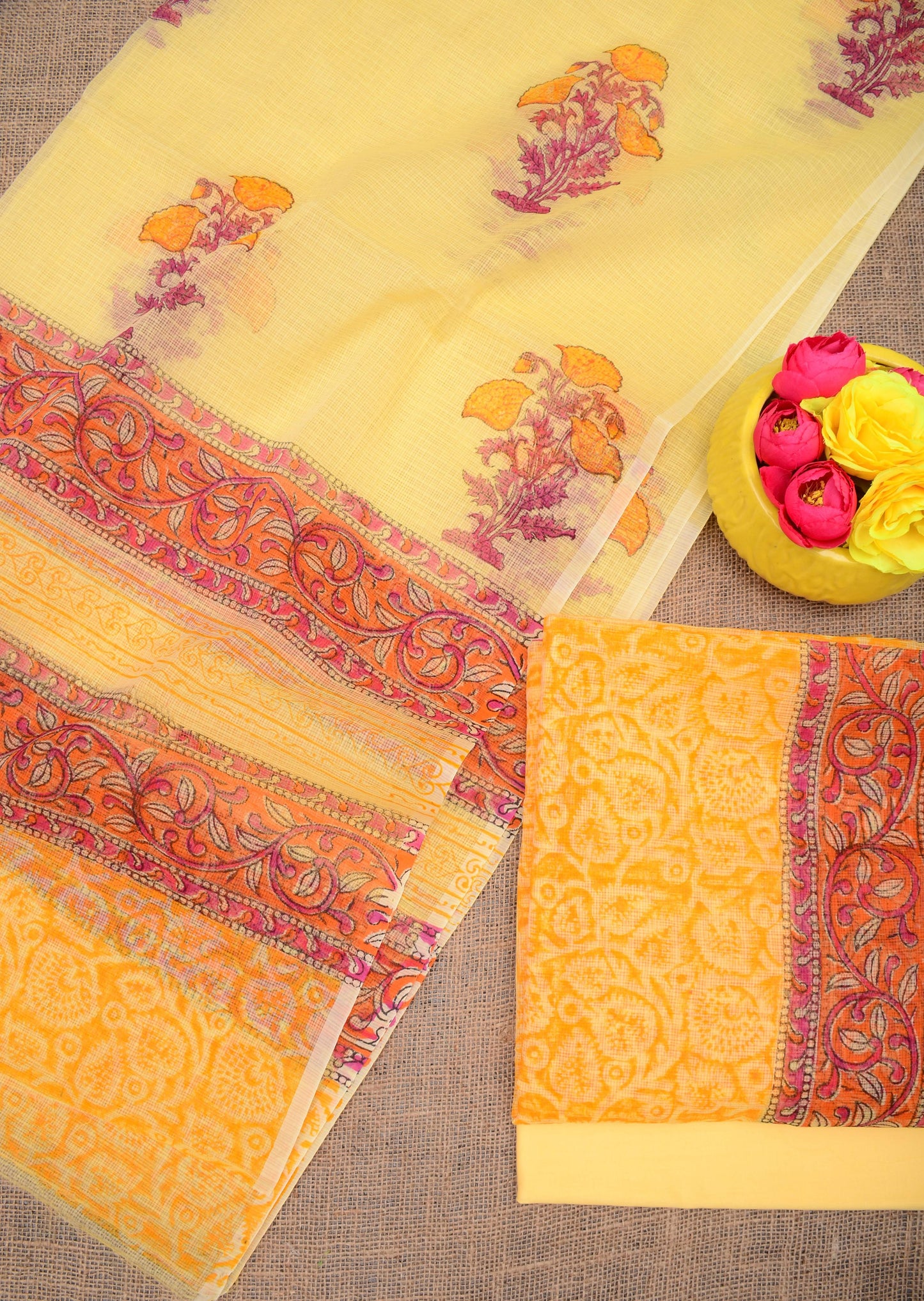 Premium Light Yellow Kota Doria Printed Unstitched Suit for Women
