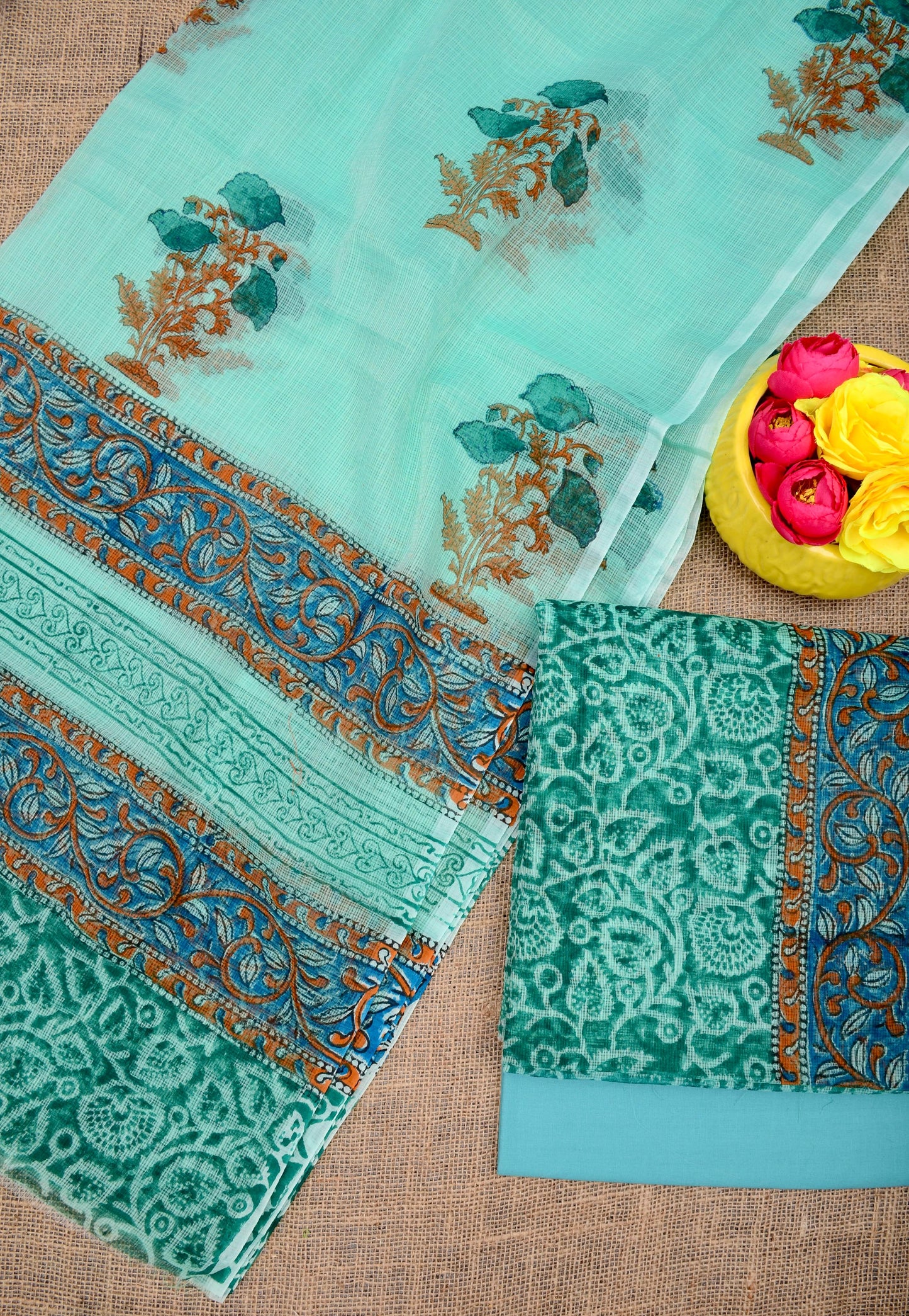 Festive Wear Mint Green Kota Doria Suit Set with Dupatta