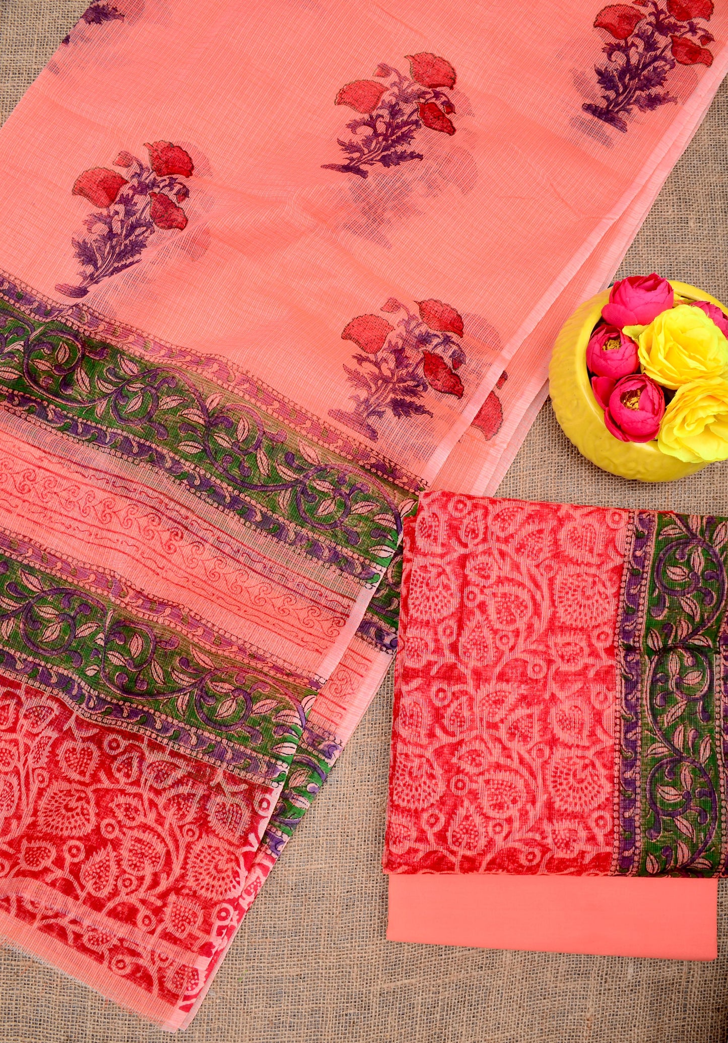 Women's Coral Pink Kota Doria Hand Block Print Unstitched Suit
