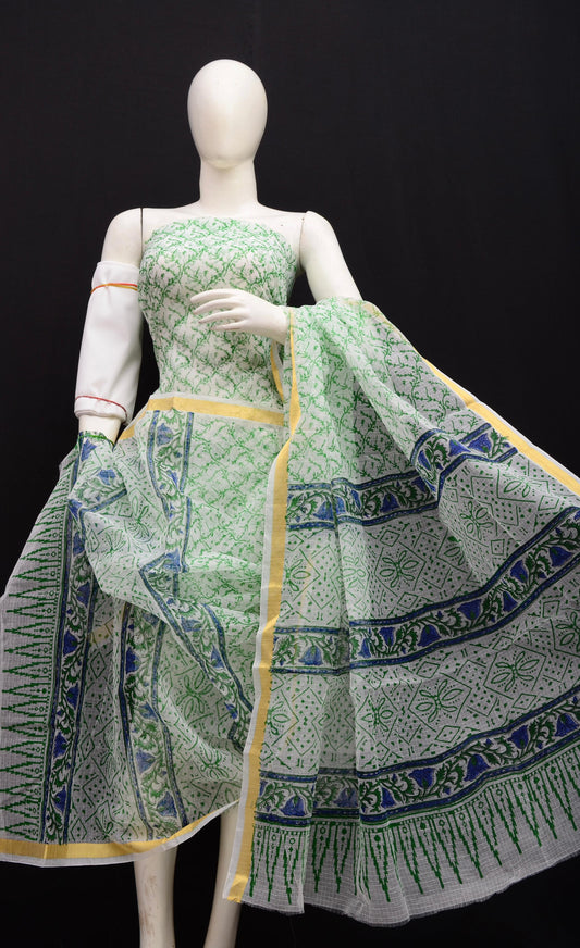 Festive Wear Green Kota Doria Suit Set with Dupatta