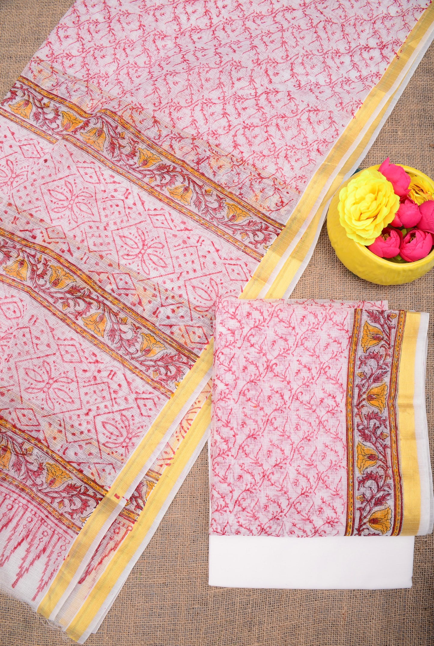 Premium Pink Kota Doria Printed Unstitched Suit for Women
