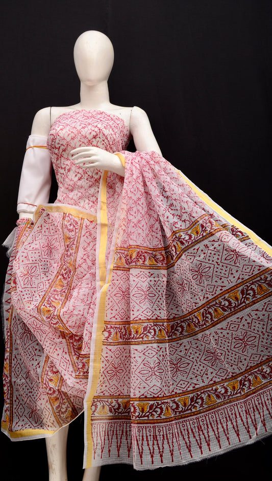 Premium Pink Kota Doria Printed Unstitched Suit for Women