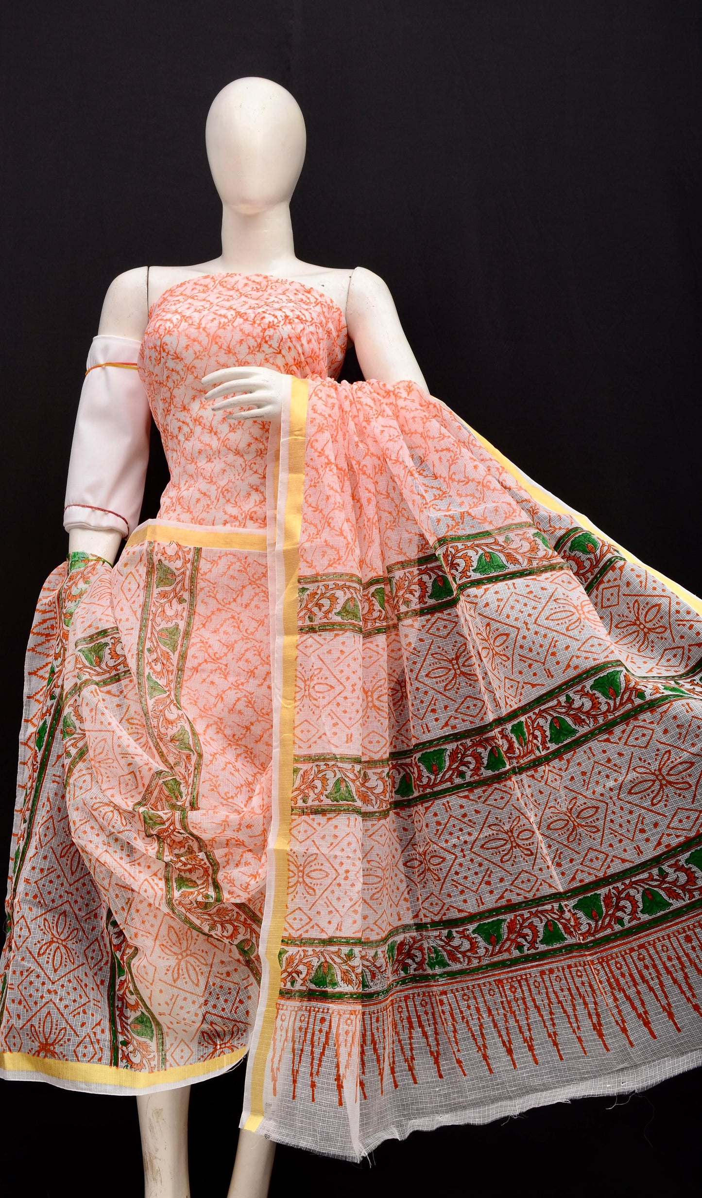 Traditional Peach Kota Doria Printed Salwar Suit Set