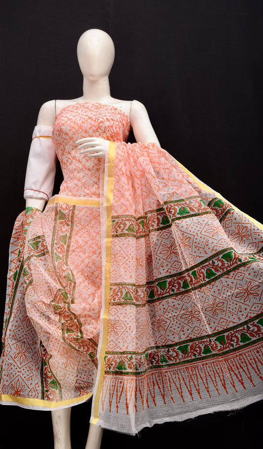 Traditional Peach Kota Doria Printed Salwar Suit Set