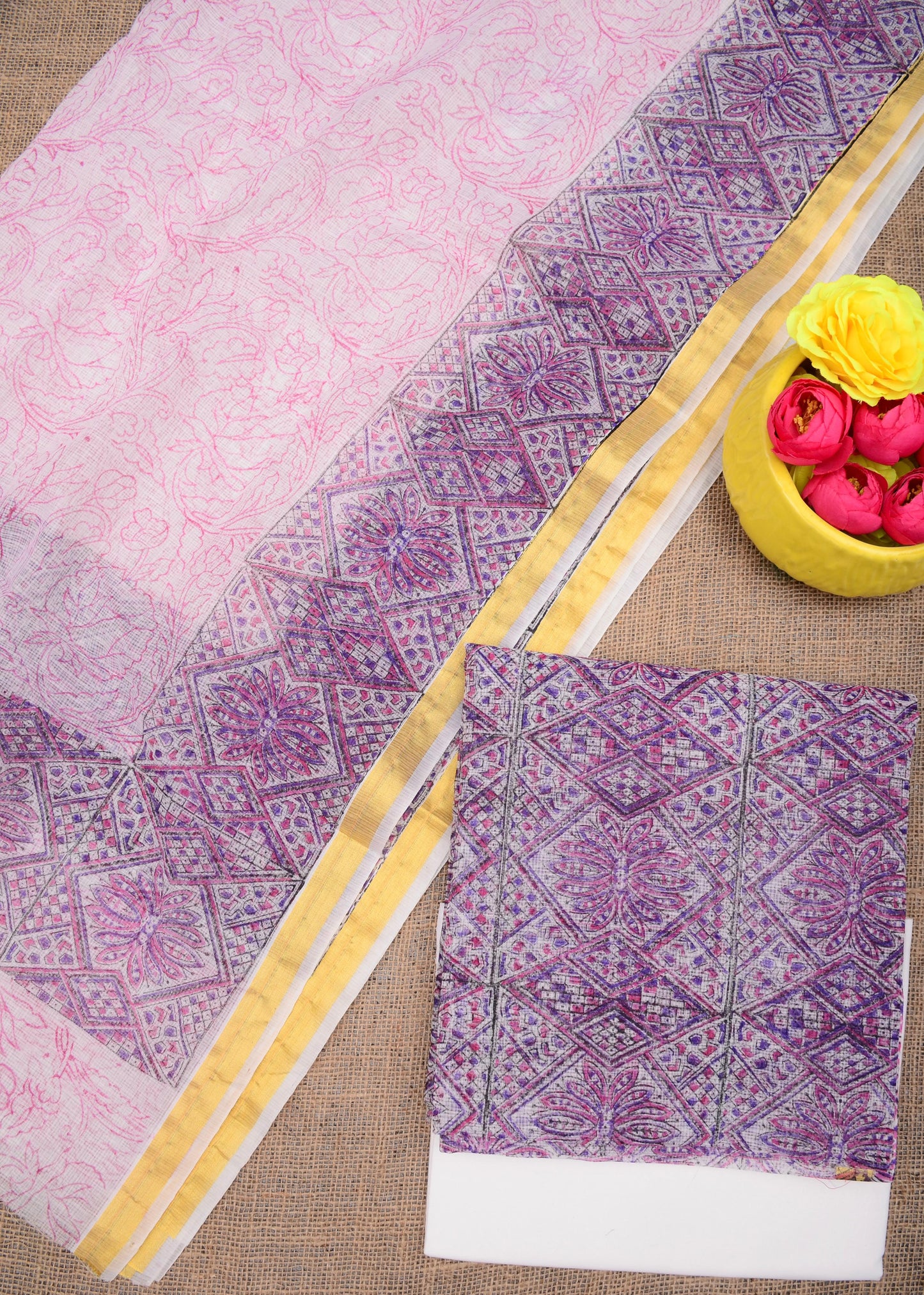 Women's Purple Kota Doria Hand Block Print Unstitched Suit