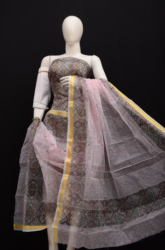 Elegant Grey Kota Doria Hand Block Print Dress Material