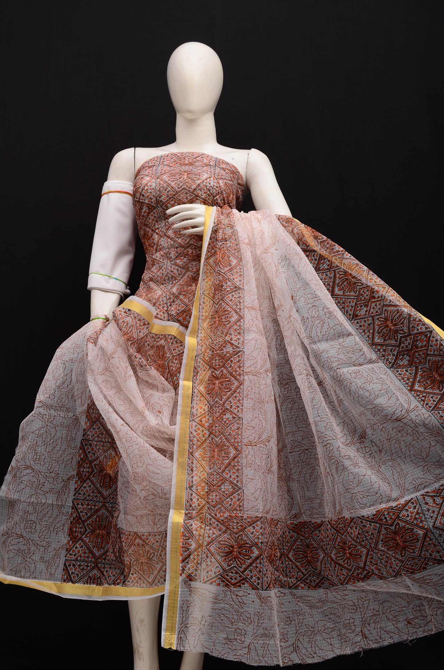 Designer Light Orange Kota Doria Hand Block Print Suit Collection