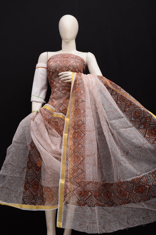 Designer Light Orange Kota Doria Hand Block Print Suit Collection