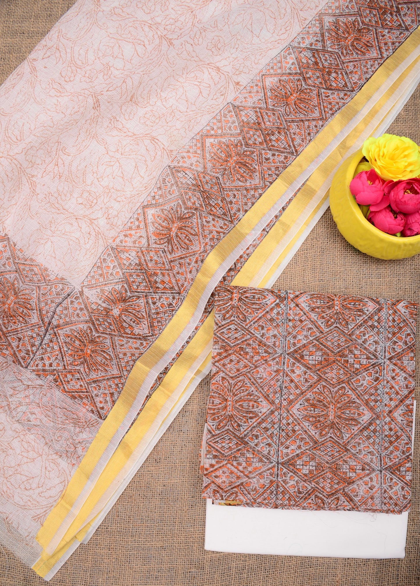 Designer Light Orange Kota Doria Hand Block Print Suit Collection